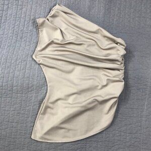 4/$15 Shein Blouse Women Medium Mushroom Gray Ruched Off Shoulder Asymmetrical